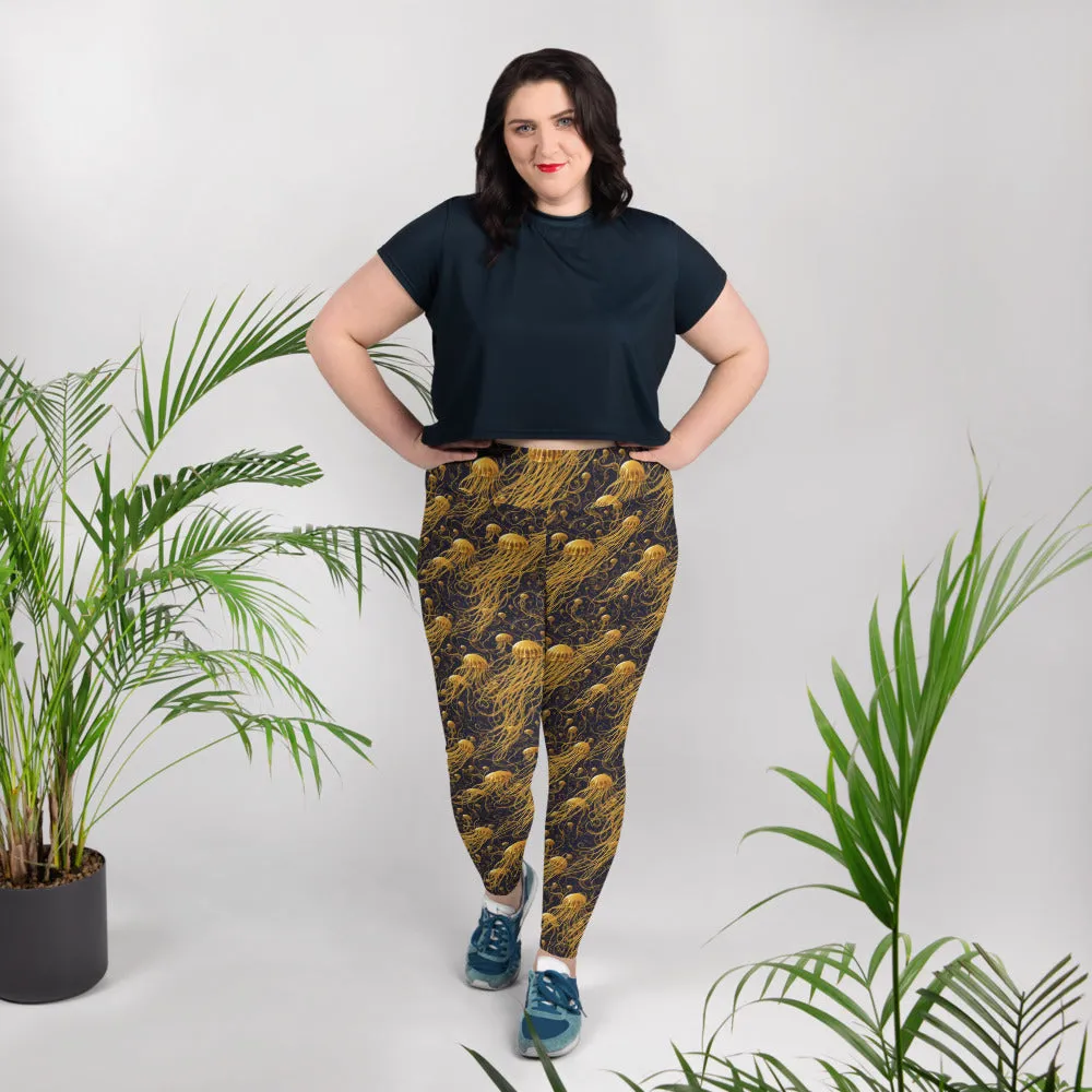 Plus Size Leggings - Black and Gold Jellyfishes