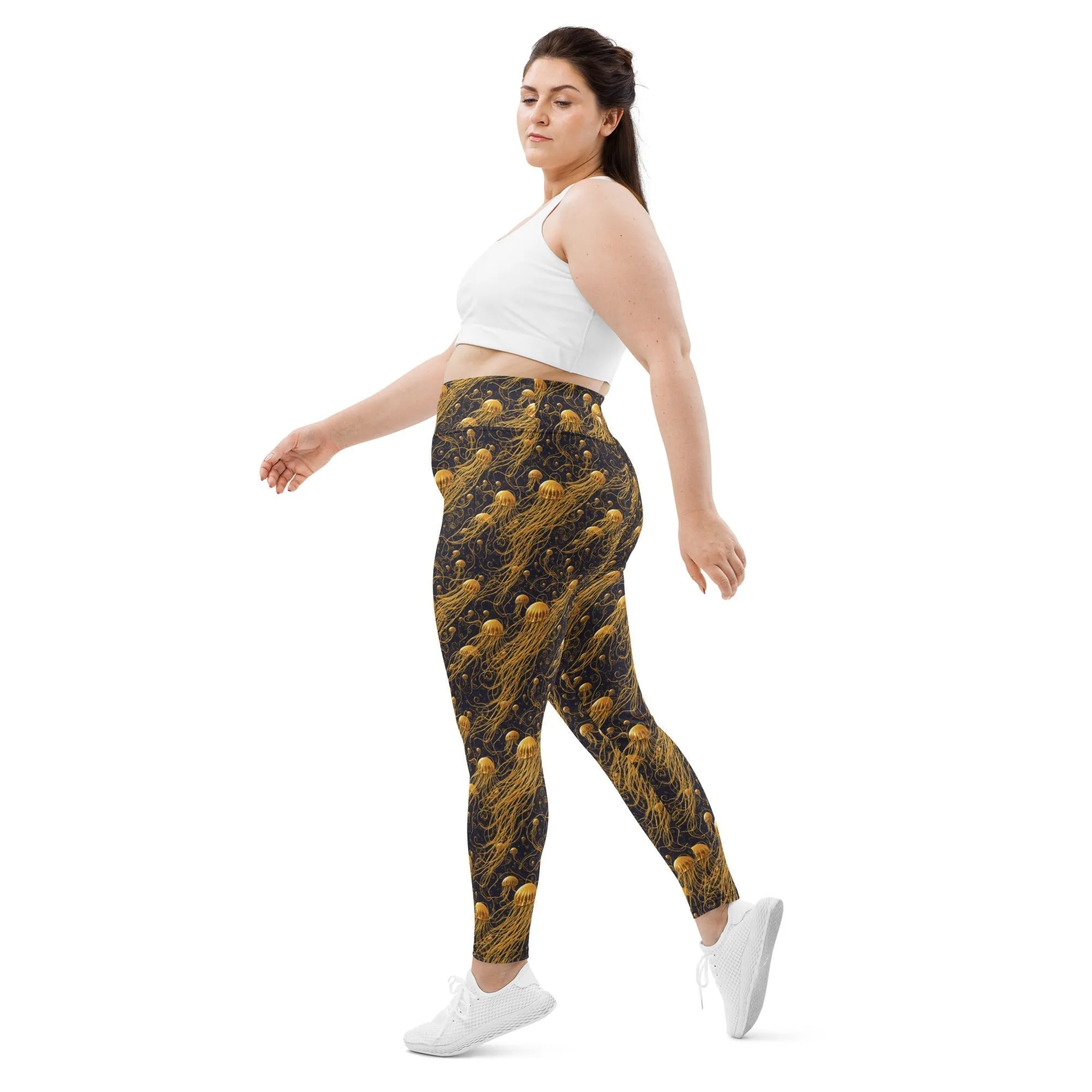 Plus Size Leggings - Black and Gold Jellyfishes