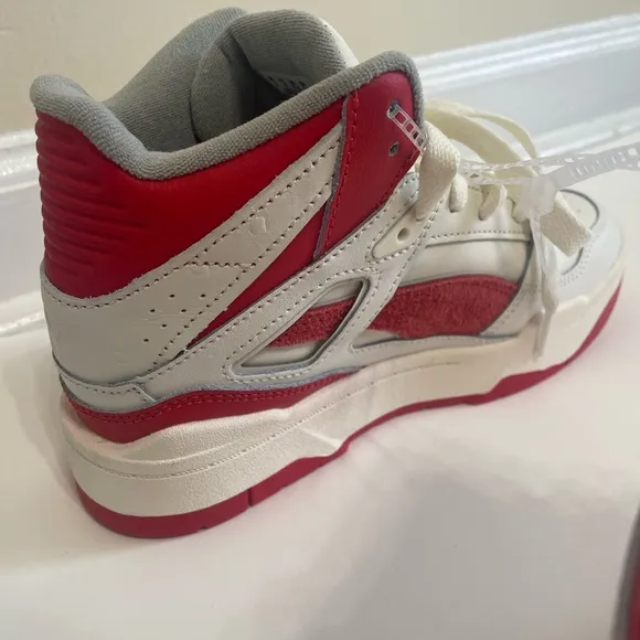 PUMA Slipstream Leather Sneaker Hi Top White Red Size 4 Kids NEW
