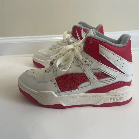 PUMA Slipstream Leather Sneaker Hi Top White Red Size 4 Kids NEW