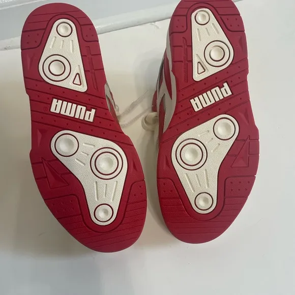 PUMA Slipstream Leather Sneaker Hi Top White Red Size 4 Kids NEW