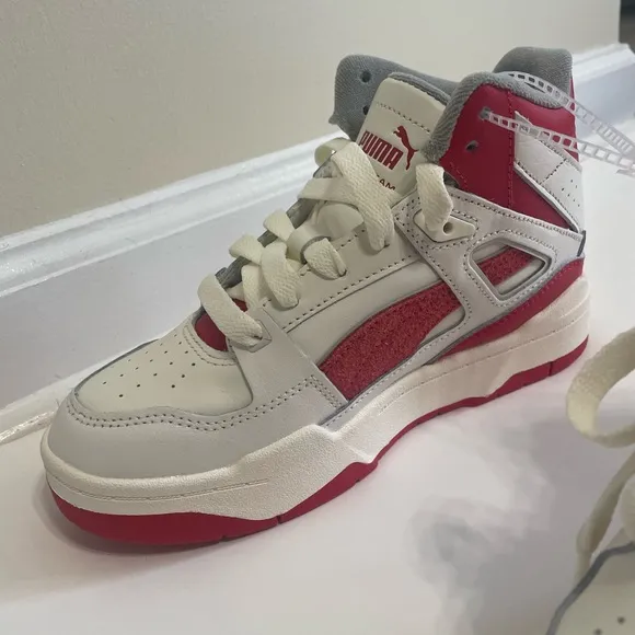 PUMA Slipstream Leather Sneaker Hi Top White Red Size 4 Kids NEW