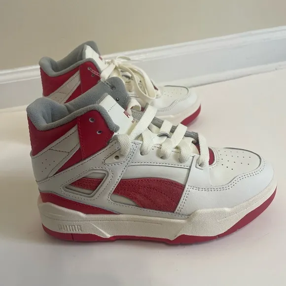 PUMA Slipstream Leather Sneaker Hi Top White Red Size 4 Kids NEW