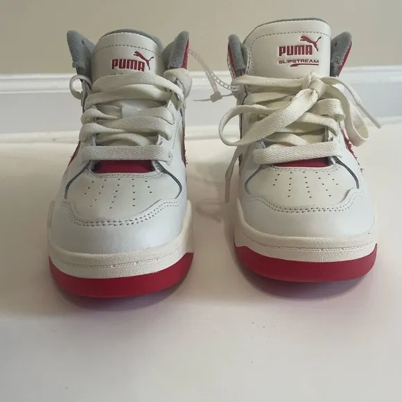 PUMA Slipstream Leather Sneaker Hi Top White Red Size 4 Kids NEW