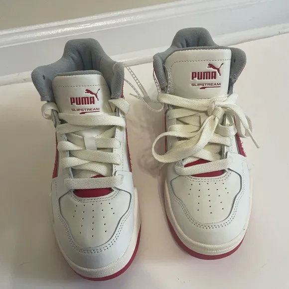 PUMA Slipstream Leather Sneaker Hi Top White Red Size 4 Kids NEW