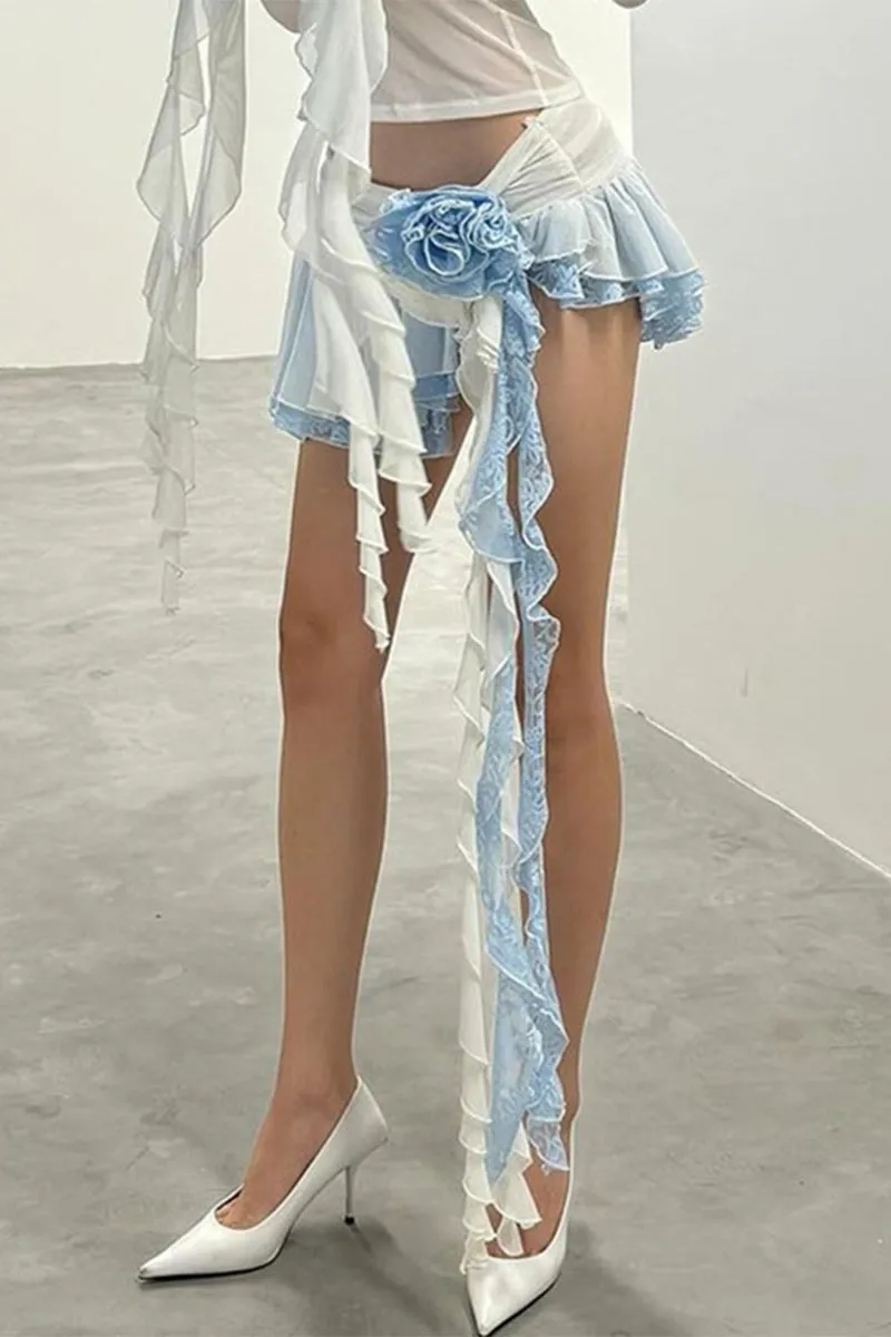 QK735 Floral Adorned Ruffle Mini Skirt