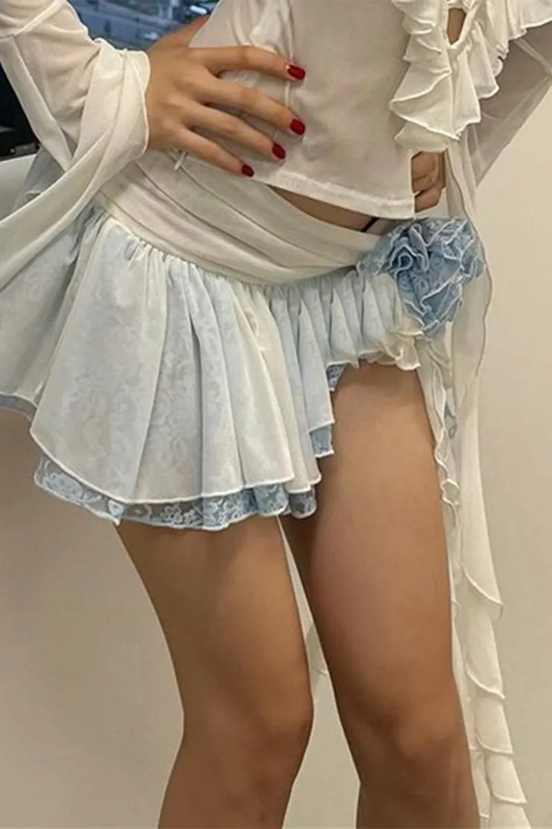 QK735 Floral Adorned Ruffle Mini Skirt