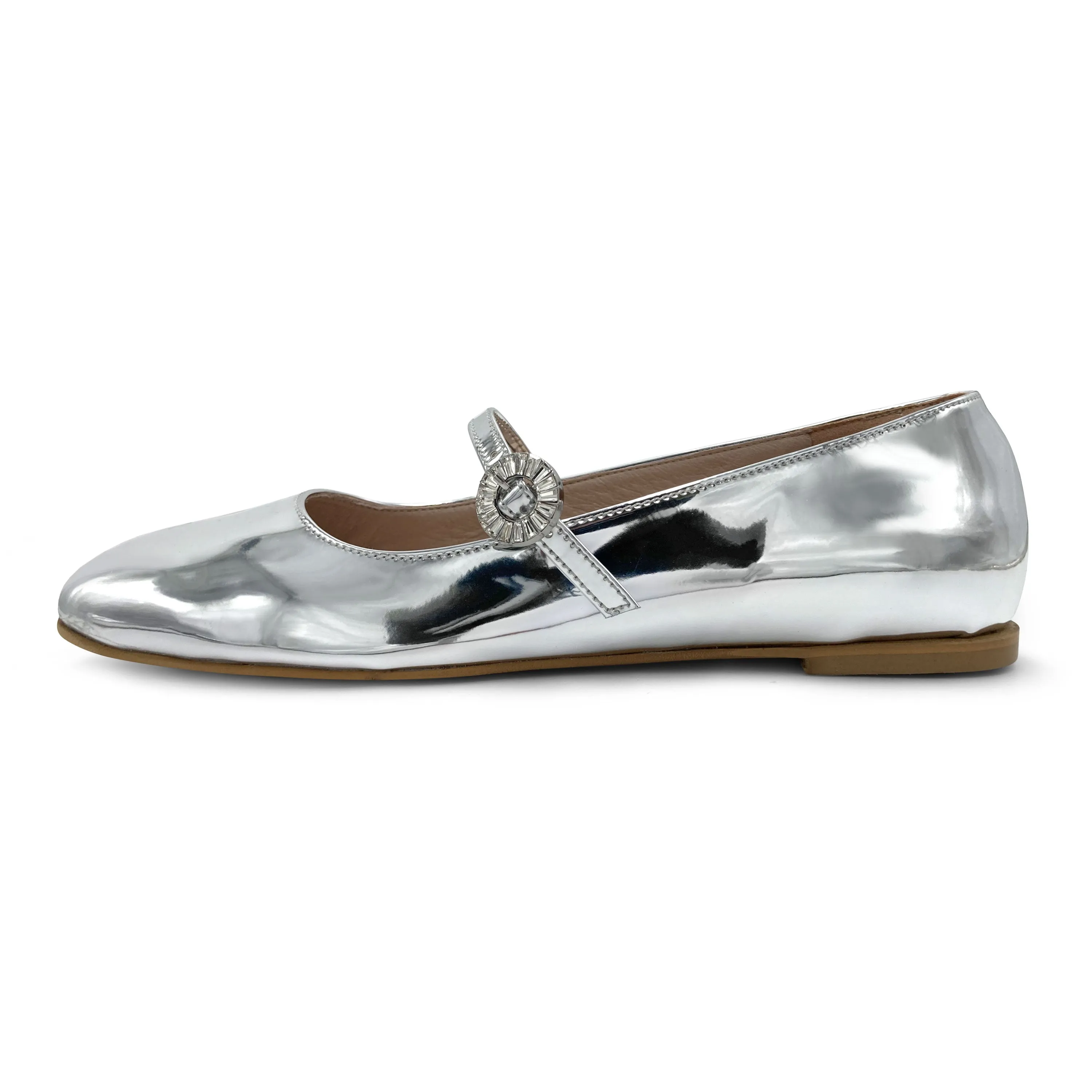 Silver Mirrored Mary Jane Ballet Flats with Jeweled Strap