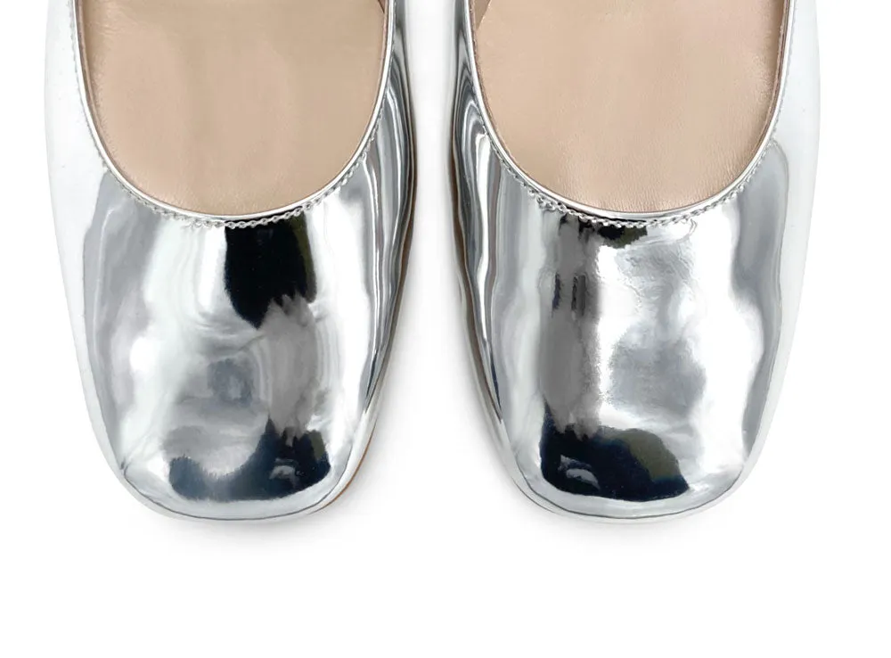 Silver Mirrored Mary Jane Ballet Flats with Jeweled Strap