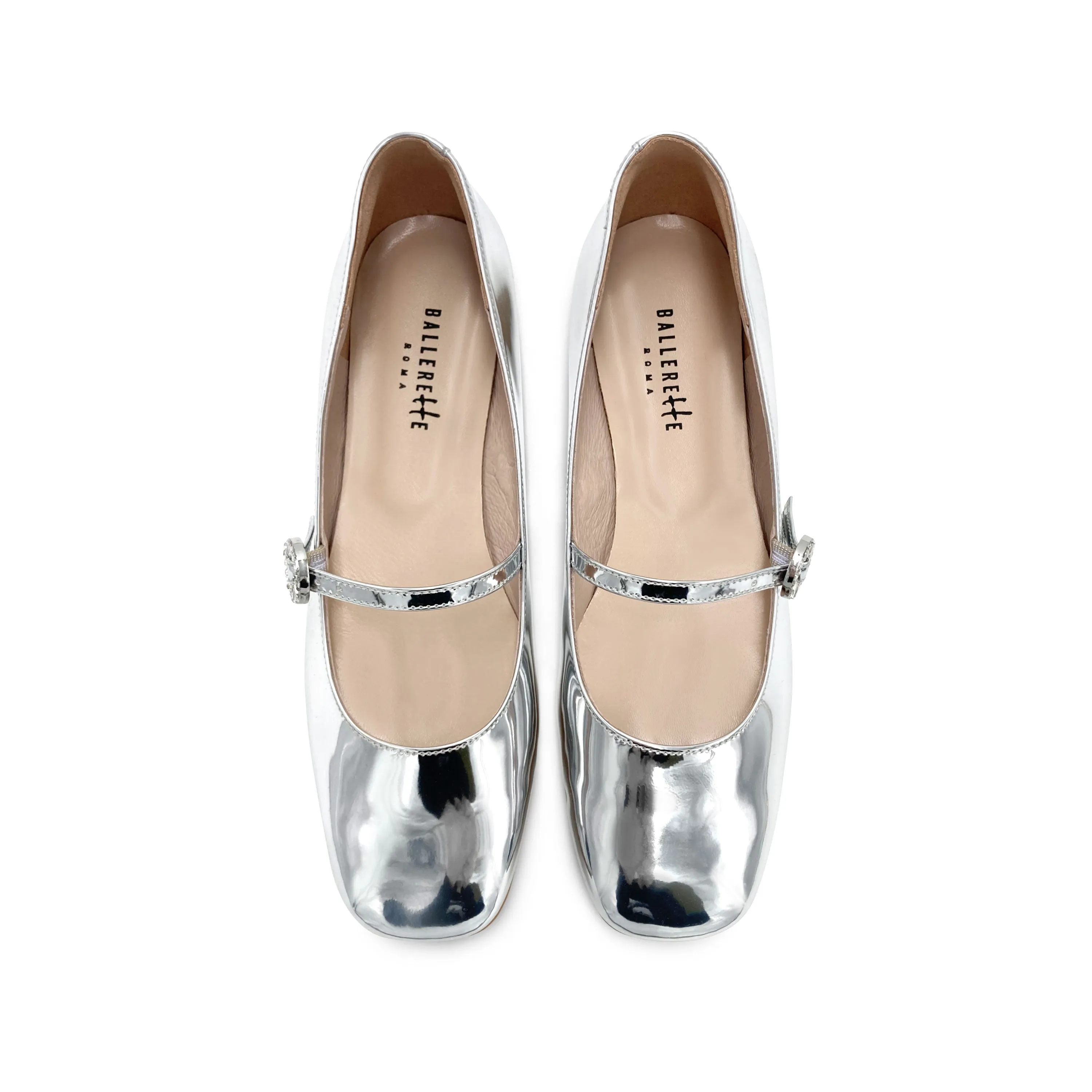 Silver Mirrored Mary Jane Ballet Flats with Jeweled Strap