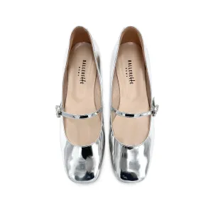 Silver Mirrored Mary Jane Ballet Flats with Jeweled Strap