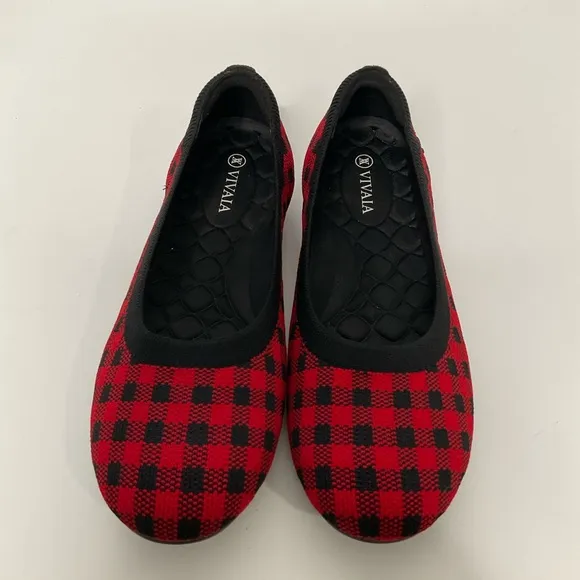 Vivaia Claire Round-Toe Red &amp; Black Checkered Flats; Pre-Owned EUC Size 40.5