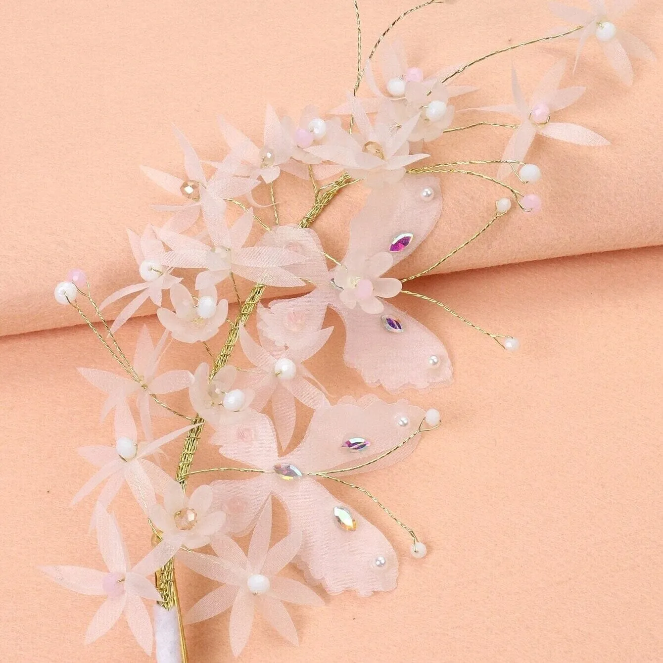 White Flower Girl Chiffon Hair Clip, Butterfly Pearl Hairclip for Wedding, Chiffon Mesh Hairclip Head Wreath