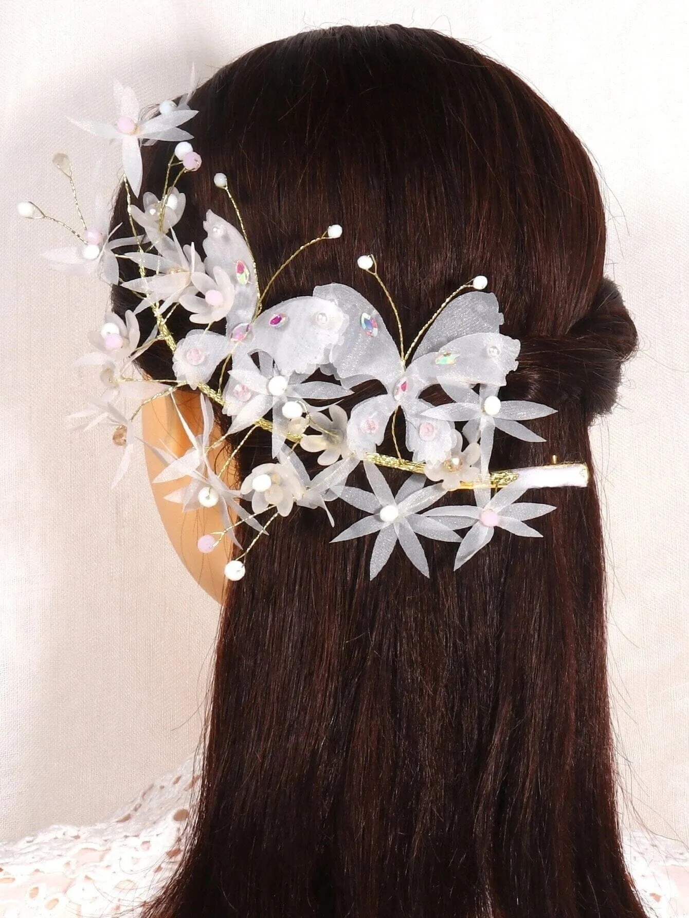 White Flower Girl Chiffon Hair Clip, Butterfly Pearl Hairclip for Wedding, Chiffon Mesh Hairclip Head Wreath