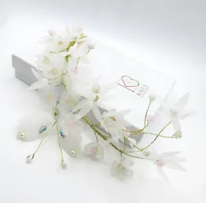 White Flower Girl Chiffon Hair Clip, Butterfly Pearl Hairclip for Wedding, Chiffon Mesh Hairclip Head Wreath