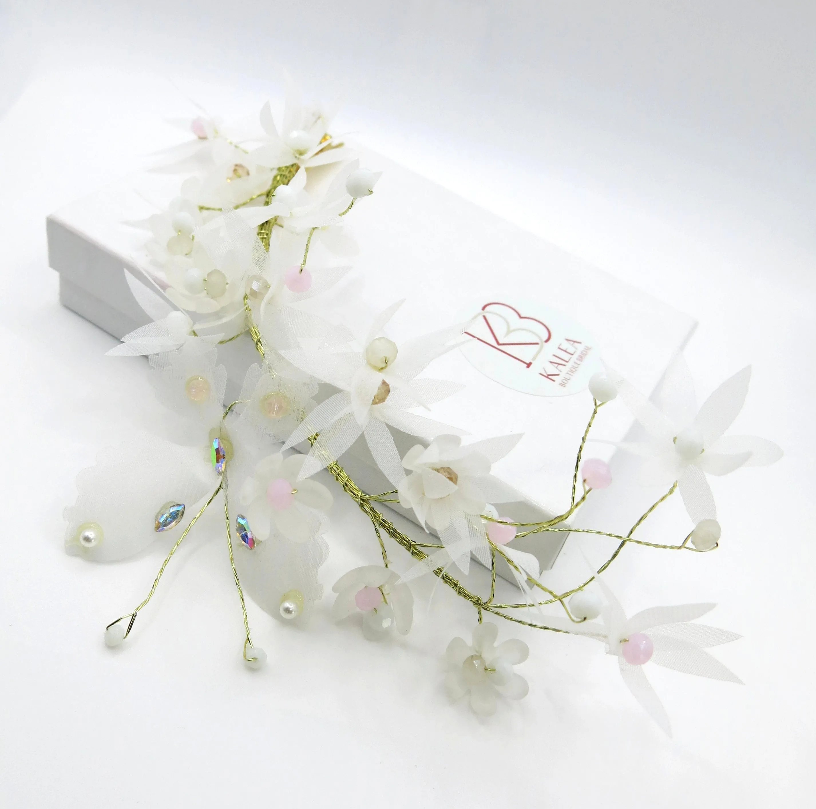 White Flower Girl Chiffon Hair Clip, Butterfly Pearl Hairclip for Wedding, Chiffon Mesh Hairclip Head Wreath