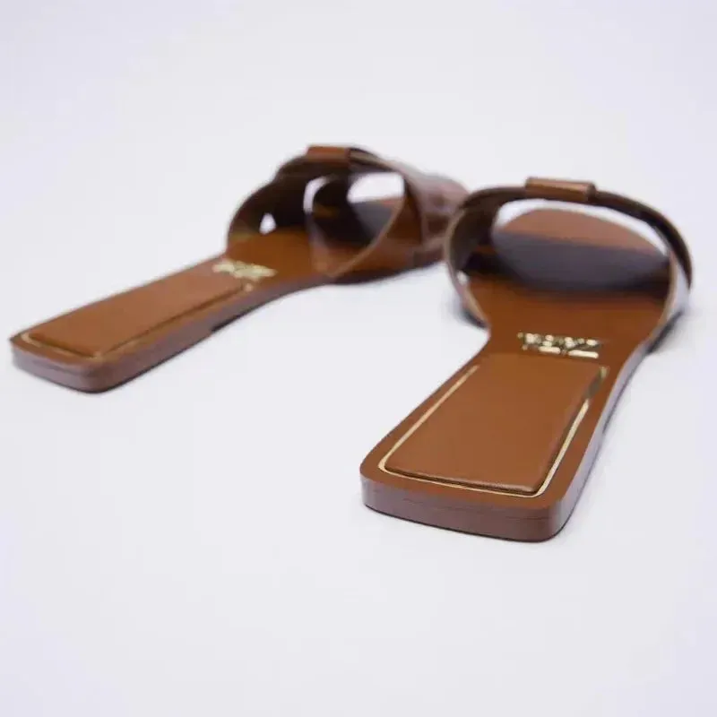 Women's Square Toe Slippers Cross Flat Sandals Simple and Stylish Flat Heel Sandals Slippers