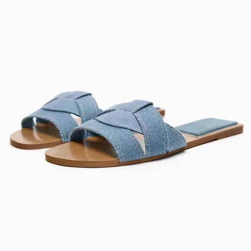 Women's Square Toe Slippers Cross Flat Sandals Simple and Stylish Flat Heel Sandals Slippers