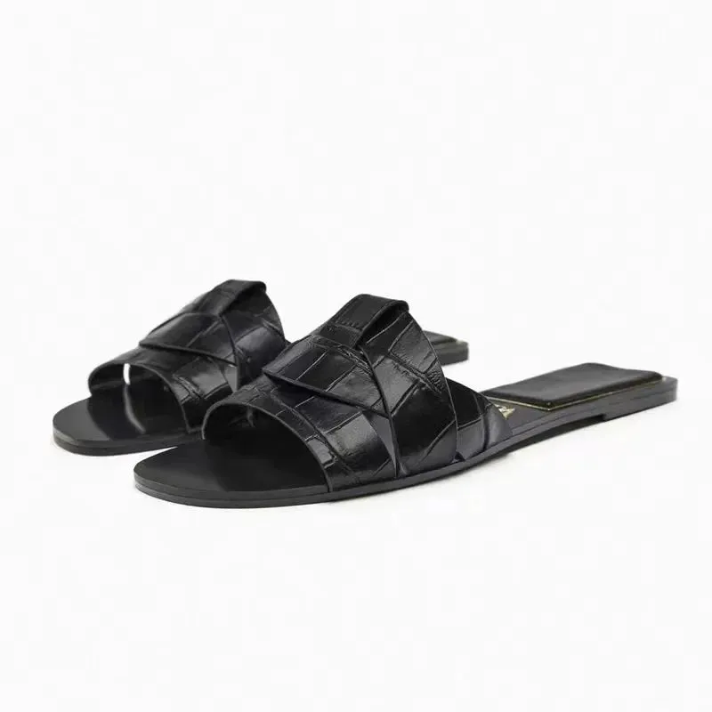 Women's Square Toe Slippers Cross Flat Sandals Simple and Stylish Flat Heel Sandals Slippers